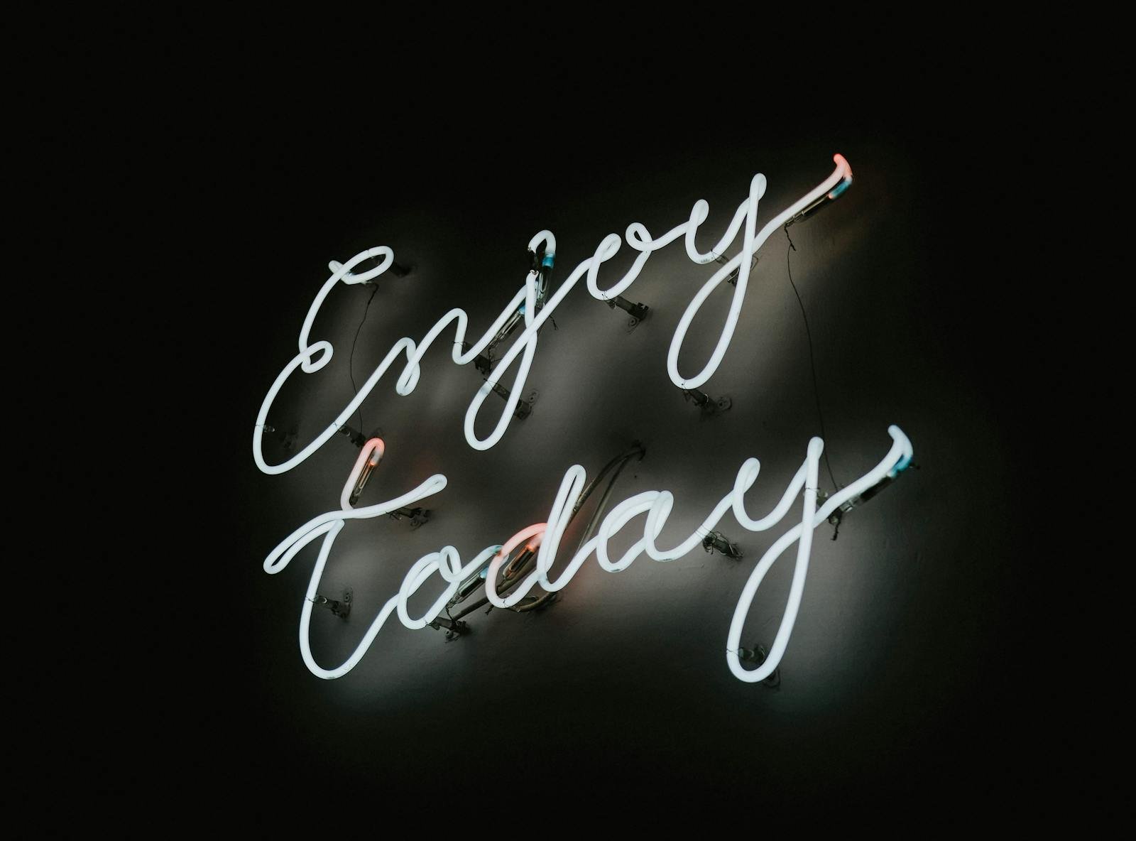 Vibrant neon sign reads enjoy today, inspiring positivity against a dark backdrop.