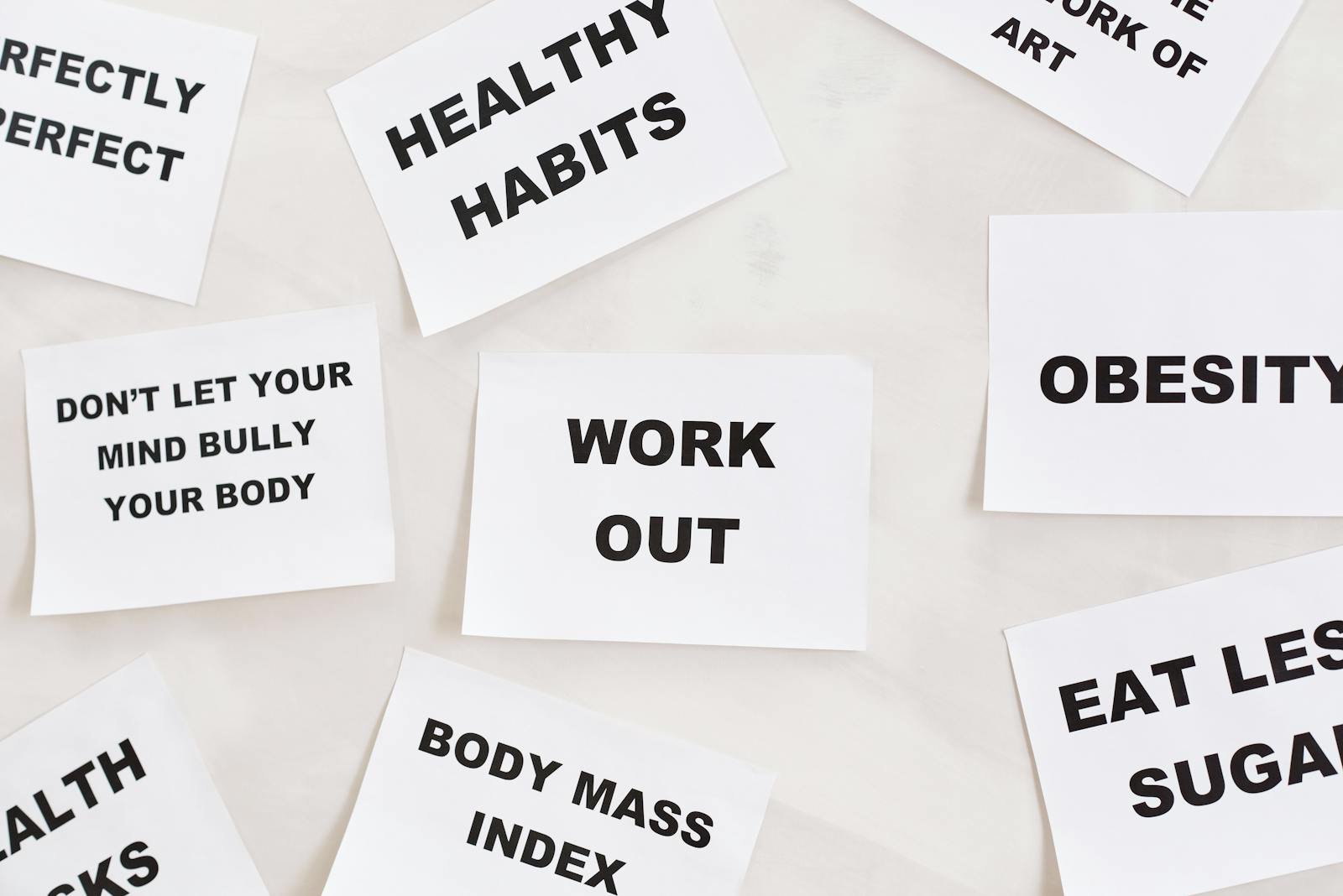 Motivational health reminders promoting fitness, healthy habits, and positive body image for well-being.