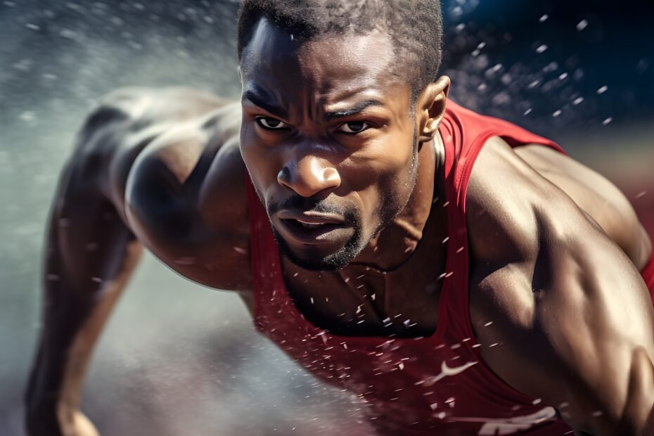 Focused male athlete sprinting in red tank top, displaying strength and determination in competition.