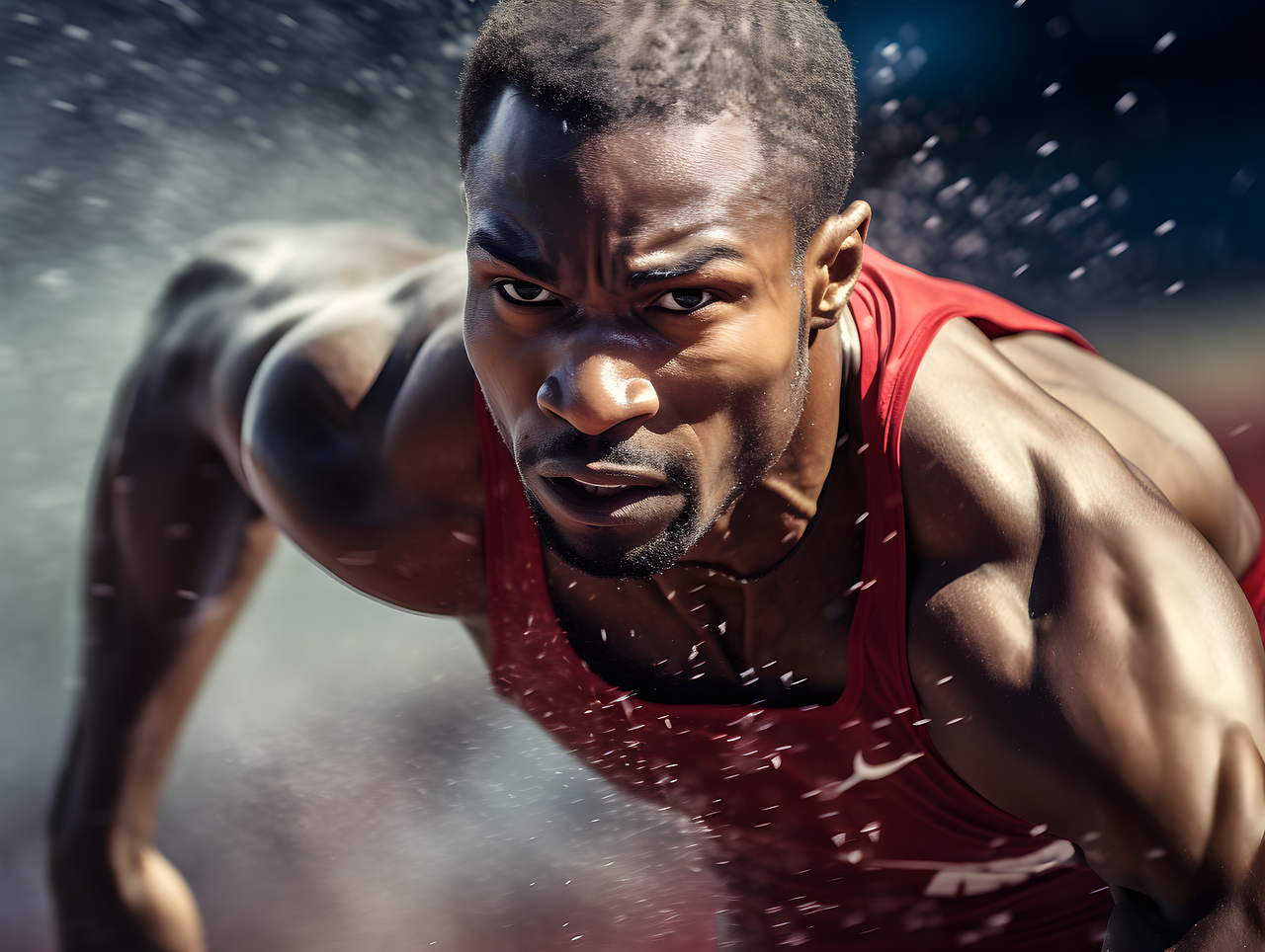 Focused male athlete sprinting in red tank top, displaying strength and determination in competition.