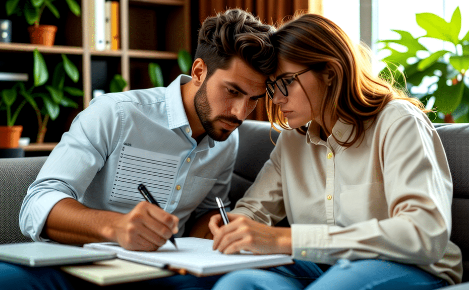 Couple studying together at home in a cozy, well-decorated living space.