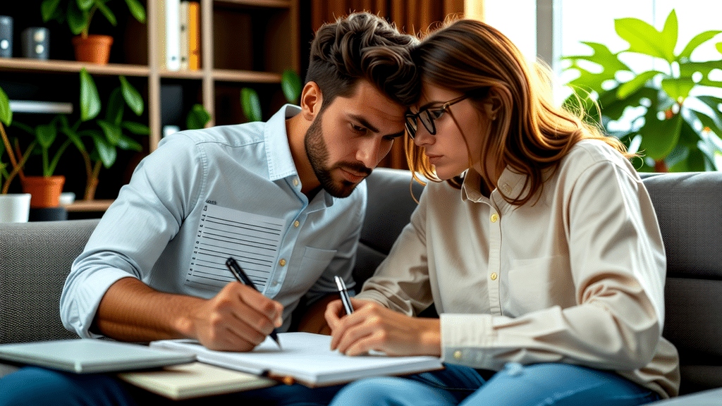 Couple studying together at home in a cozy, well-decorated living space.