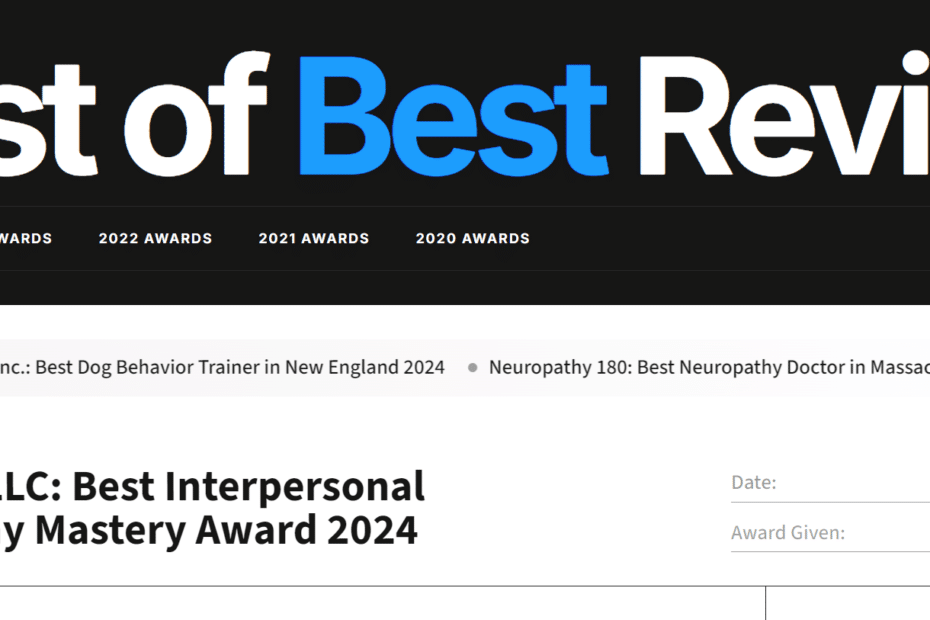 Screenshot of iq self llc winning the best interpersonal harmony mastery award 2024 from bestofthebestreview. Com.