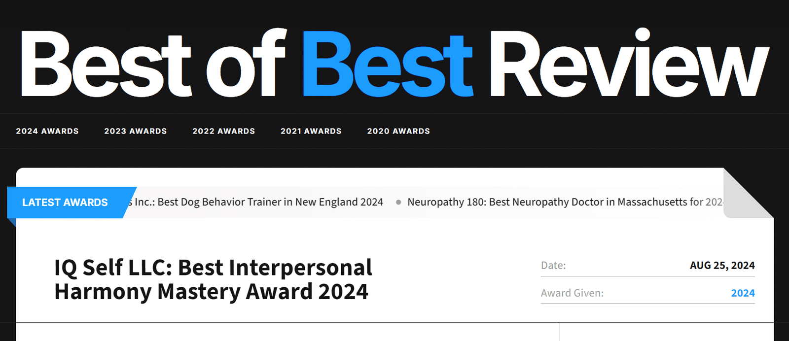 Screenshot of iq self llc winning the best interpersonal harmony mastery award 2024 from bestofthebestreview. Com.