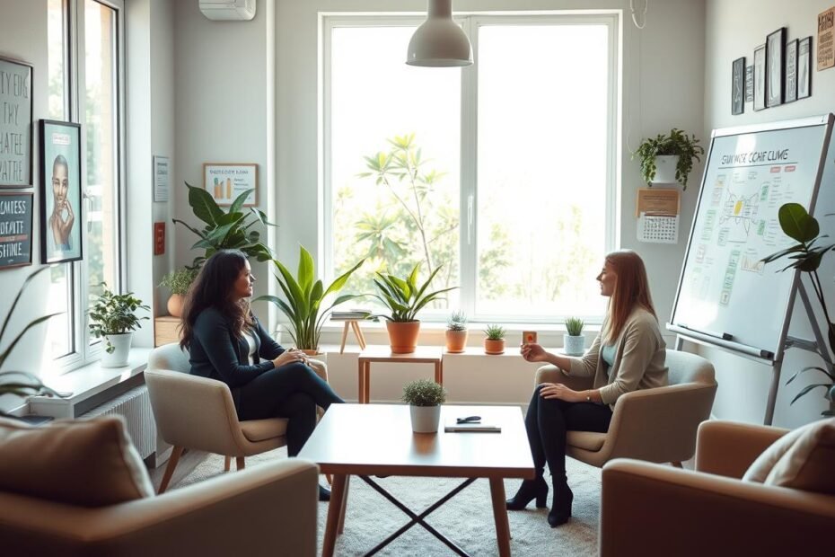 Warm counseling space with engaging conversation, plants, and natural light for personal growth.