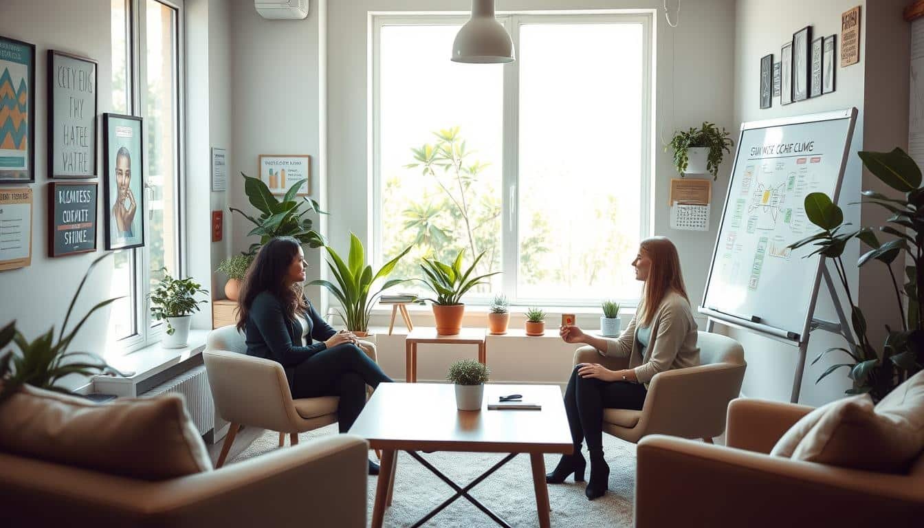 Warm counseling space with engaging conversation, plants, and natural light for personal growth.