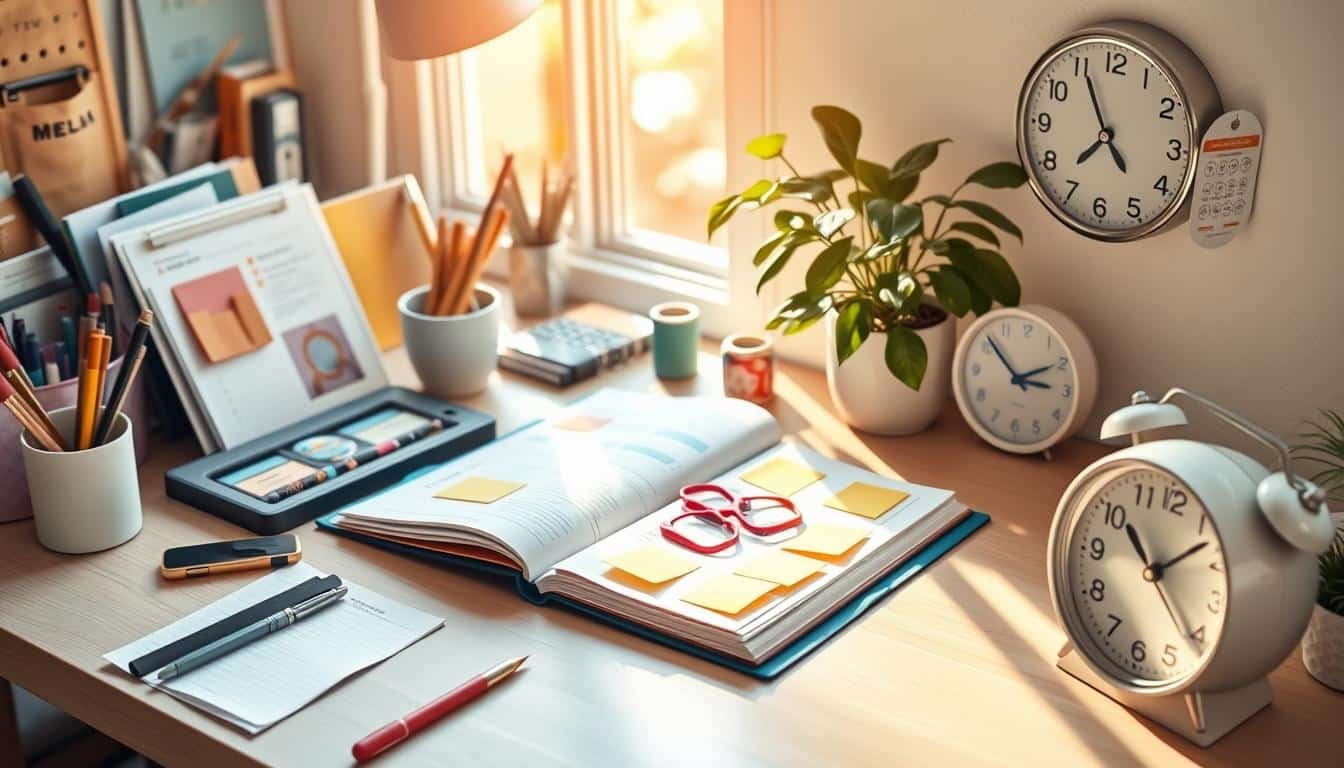 Inviting workspace blending warmth, creativity, and organization with plants, notebooks, and writing tools.