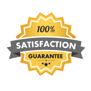 Vibrant badge promoting 100% satisfaction guarantee, featuring bold text, starburst, and excellence symbols.