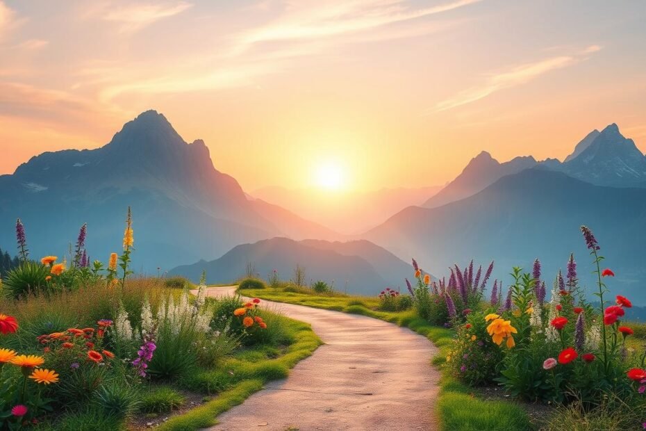 Tranquil sunset pathway through vibrant meadows and majestic mountains, inviting peaceful exploration.