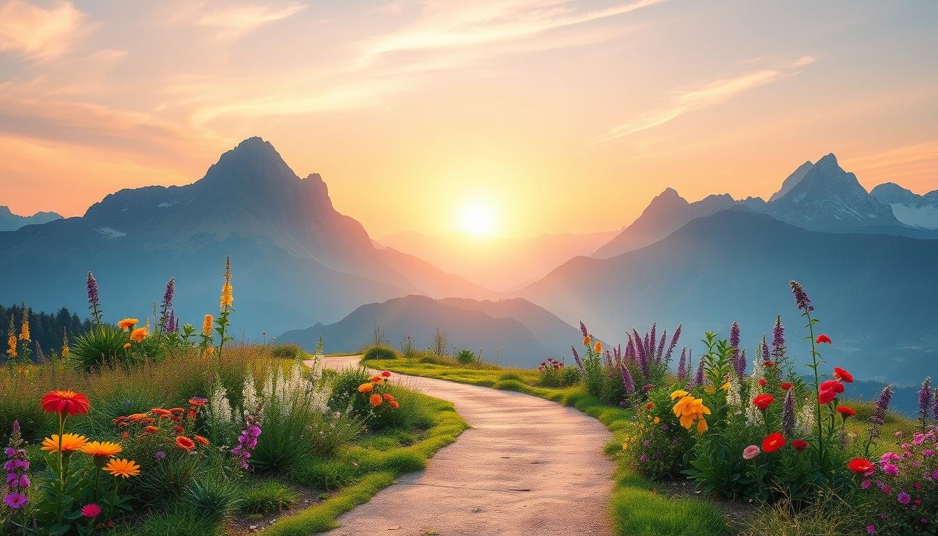 Tranquil sunset pathway through vibrant meadows and majestic mountains, inviting peaceful exploration.