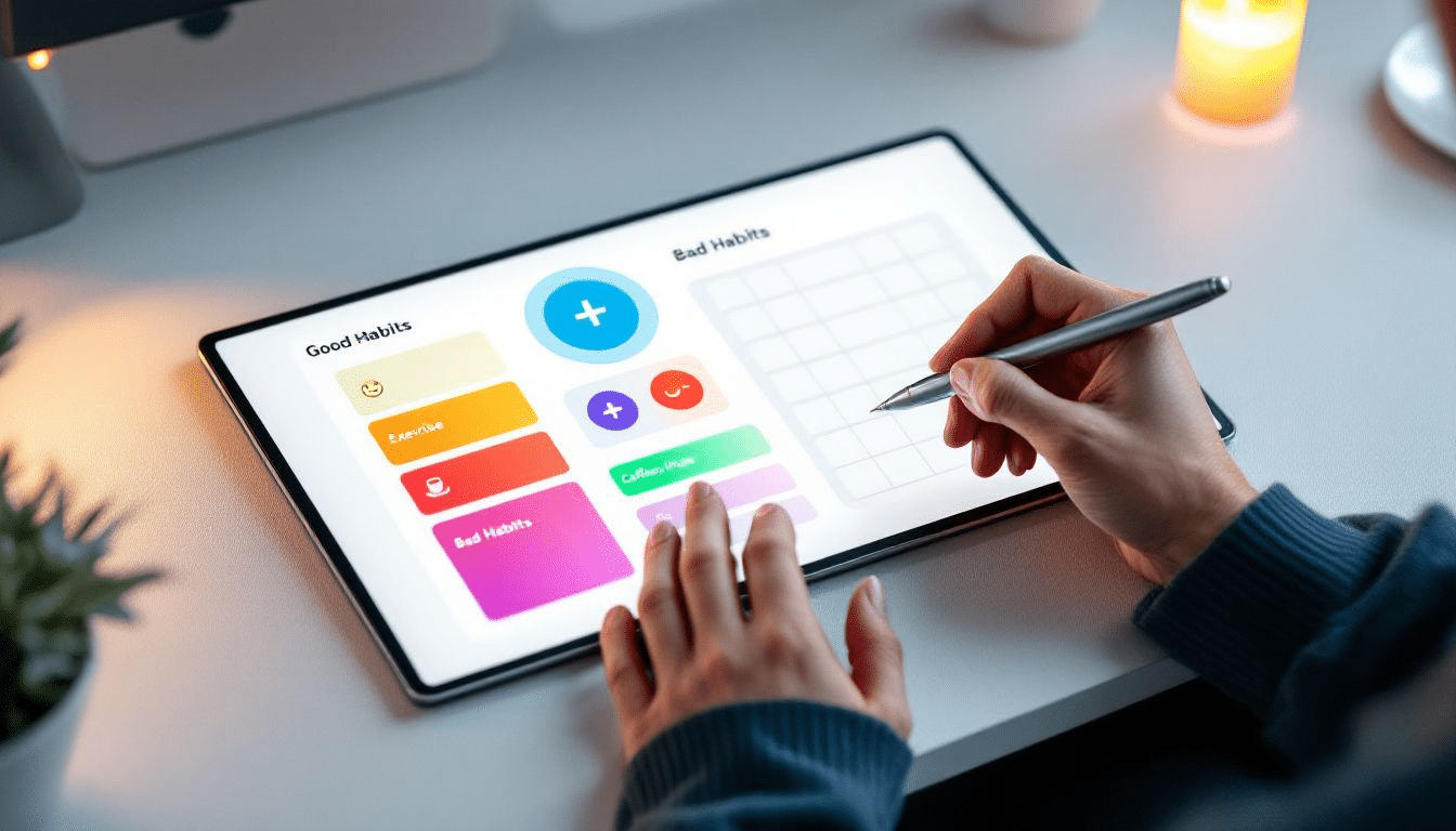 A person creating a habit system, writing down good and bad habits on a notepad.