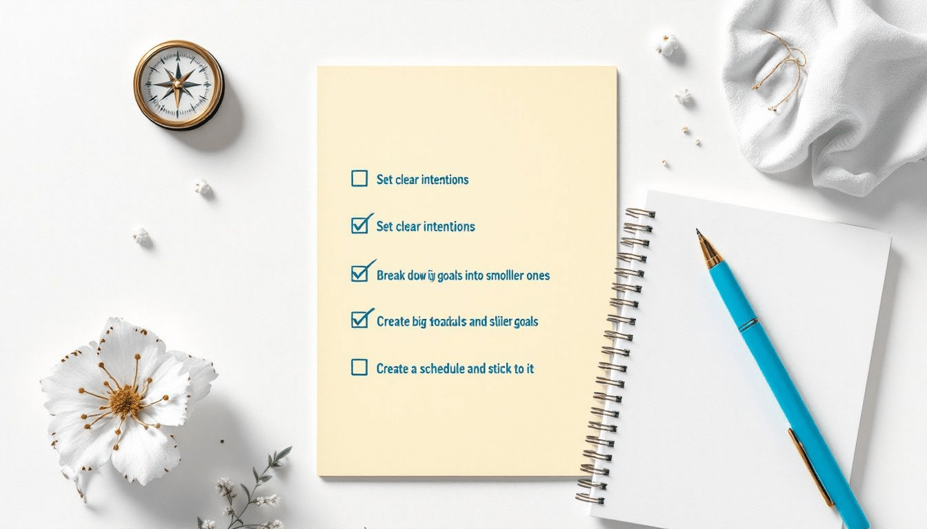 A collection of practical tips for writing goals displayed visually, including a checklist and a pen.