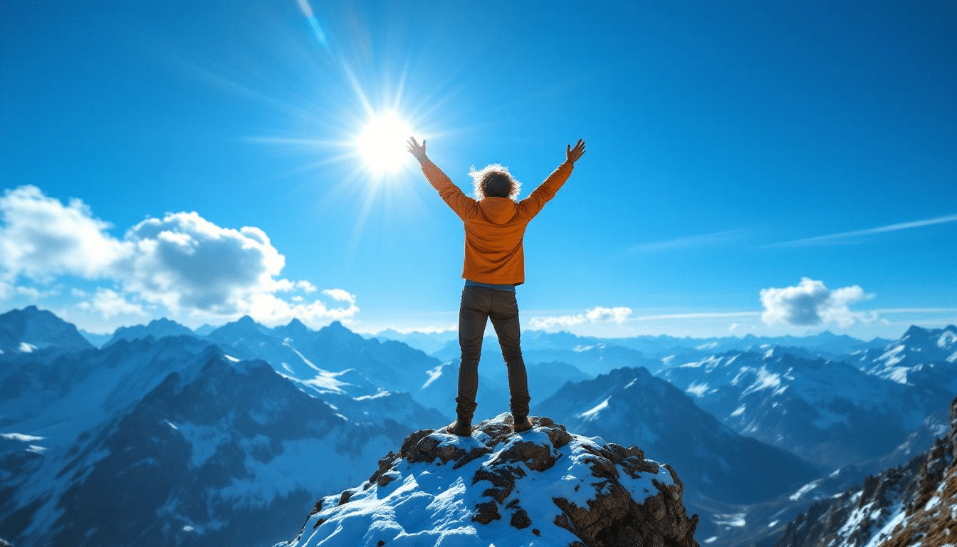 A visual representation of success, depicting a person reaching a summit.