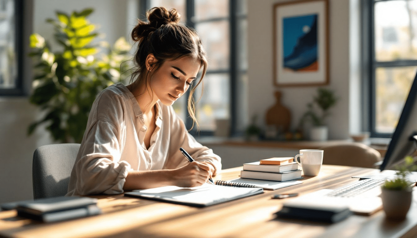 An image illustrating the importance of writing down goals, featuring a person engaged in writing on paper.