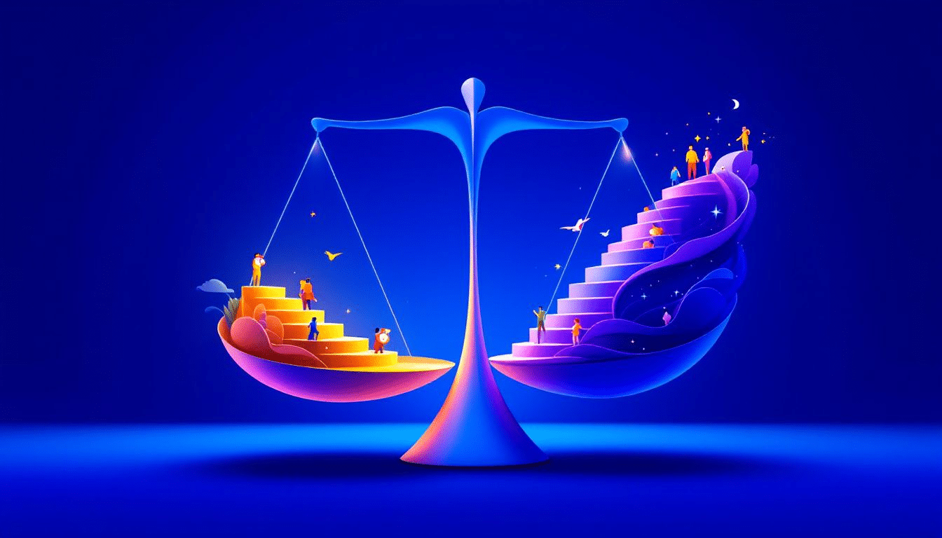 A balanced scale representing short-term and long-term life goals.