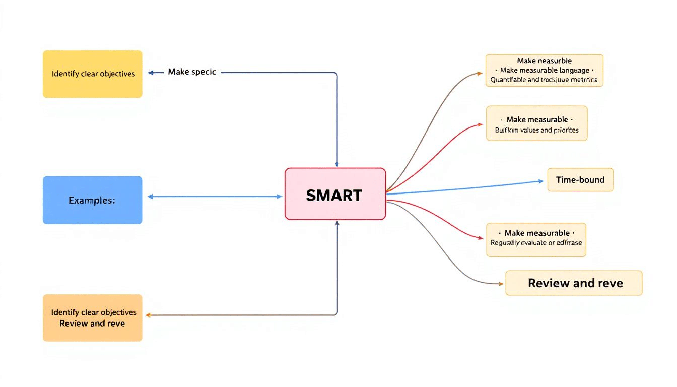 A step-by-step guide on how to write smart goals, showcasing the writing process and important considerations.