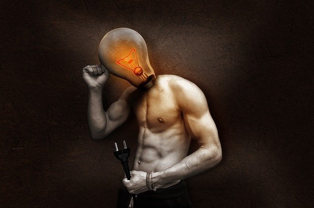 Light bulb, man, surrealism