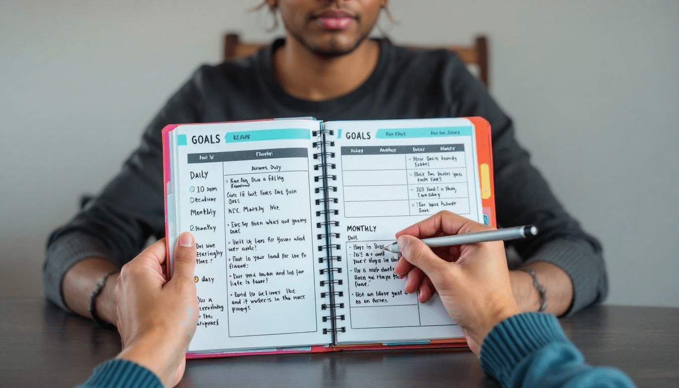 A person writing down clear goals in a planner, symbolizing goal setting.