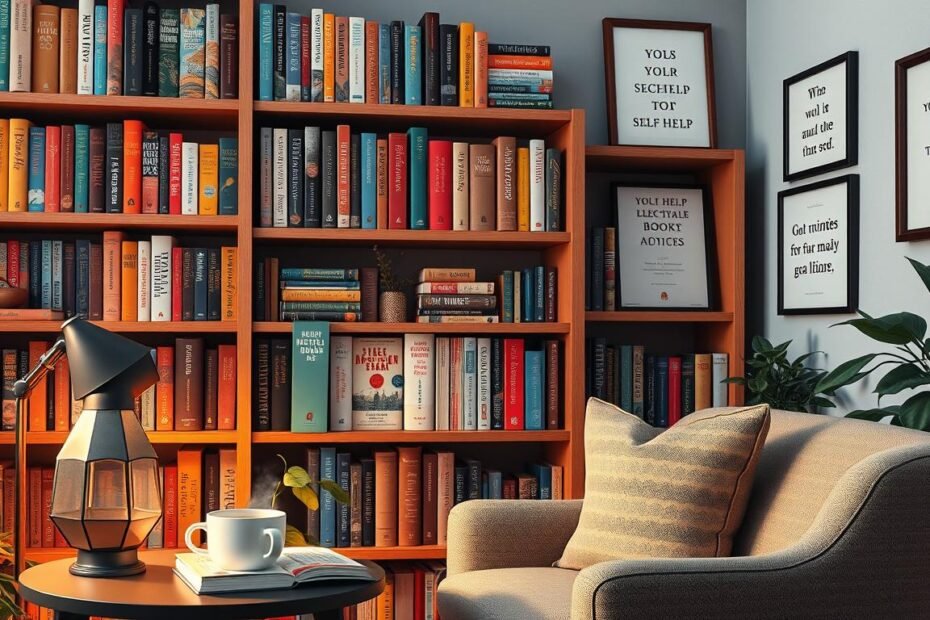 Cozy reading nook with diverse books, inviting armchair, inspiring art, and a touch of greenery.