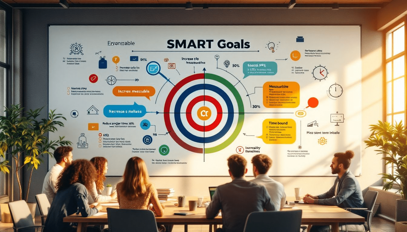 A professional setting where team members are discussing and setting smart goals for business growth.