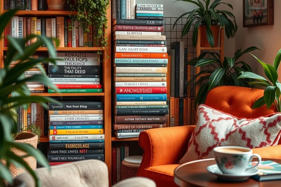 Serene reading nook with vibrant chair, diverse books, and soothing plants for mental wellness.