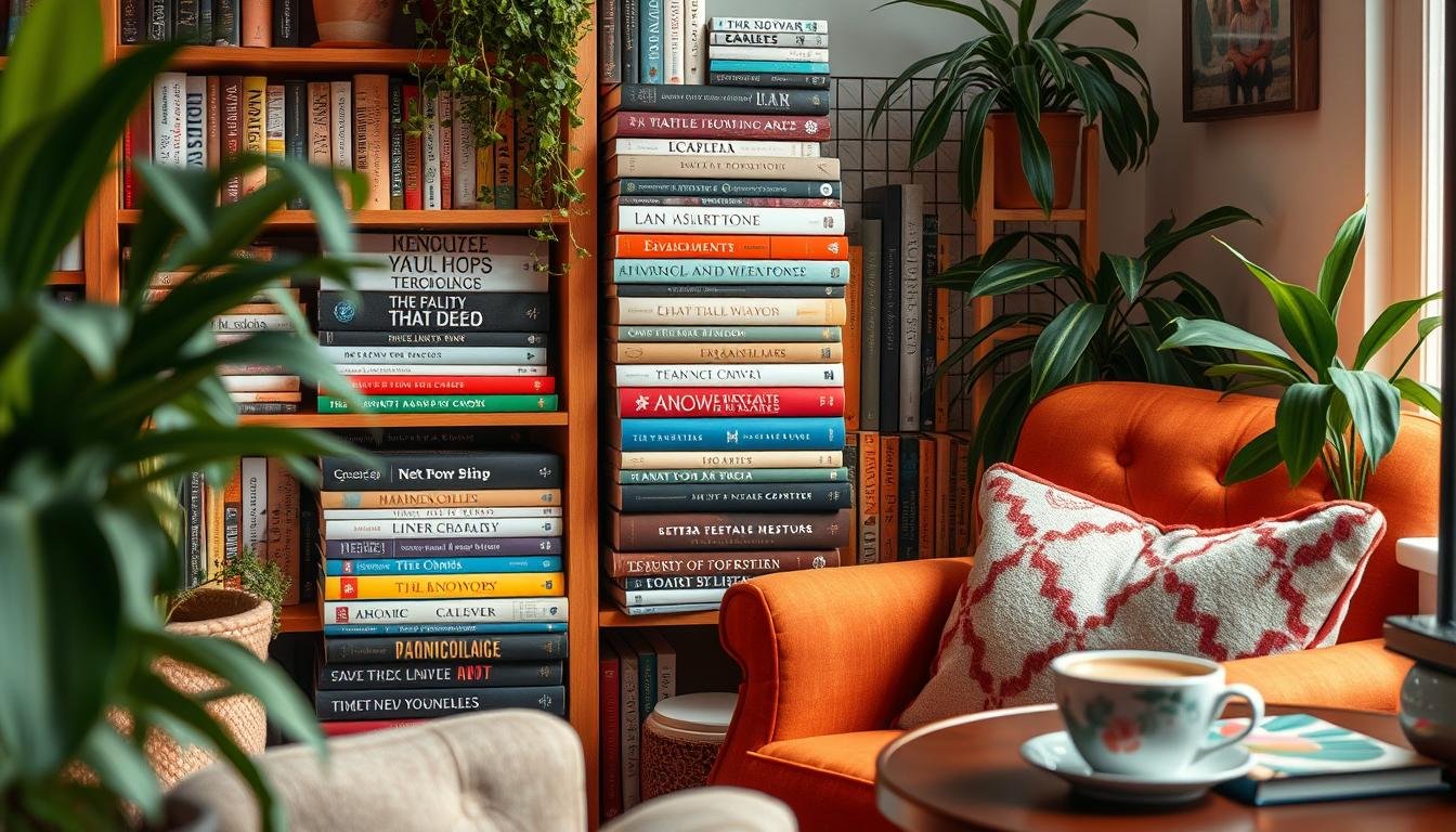 Serene reading nook with vibrant chair, diverse books, and soothing plants for mental wellness.