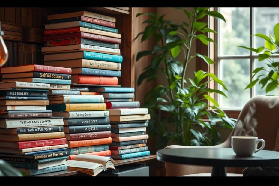 Charming reading nook with colorful books, inviting plants, and warm natural light for relaxation.