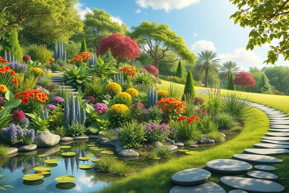 Vibrant garden pathway with colorful flowers and a serene pond, perfect for relaxation.