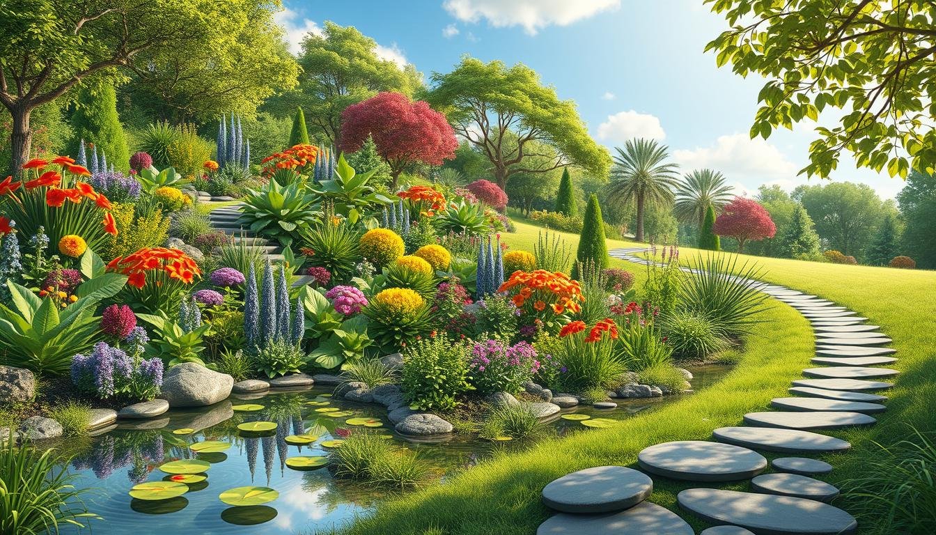 Vibrant garden pathway with colorful flowers and a serene pond, perfect for relaxation.