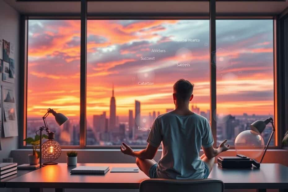 Tranquil meditation at dusk with a vibrant urban sunset backdrop.