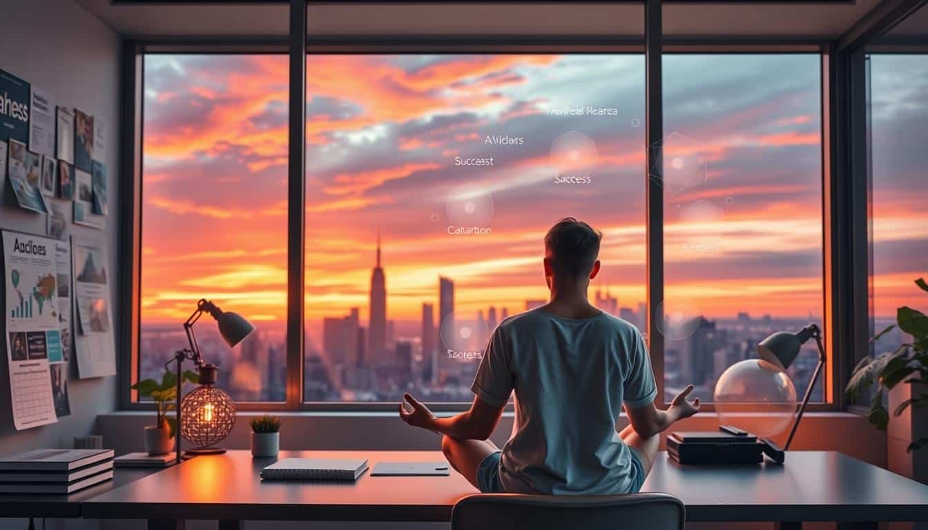 Tranquil meditation at dusk with a vibrant urban sunset backdrop.