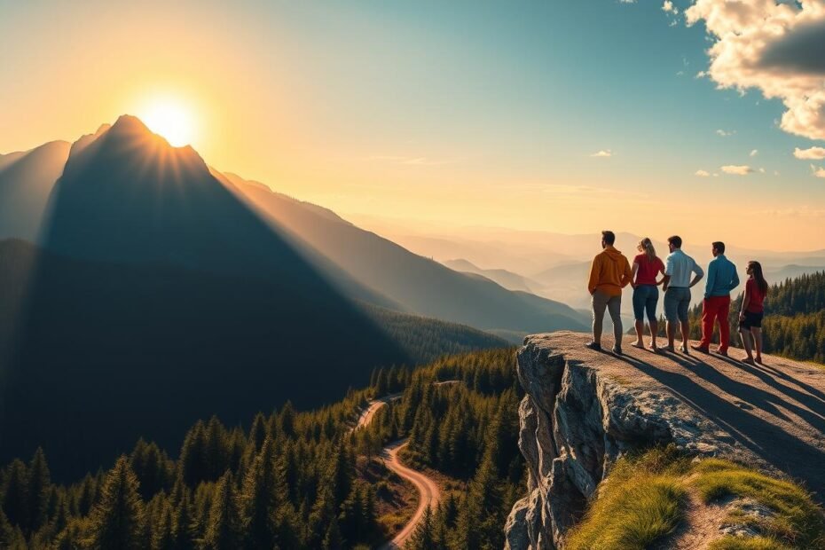 Hikers enjoy sunrise views over majestic mountains, celebrating friendship and natures beauty.