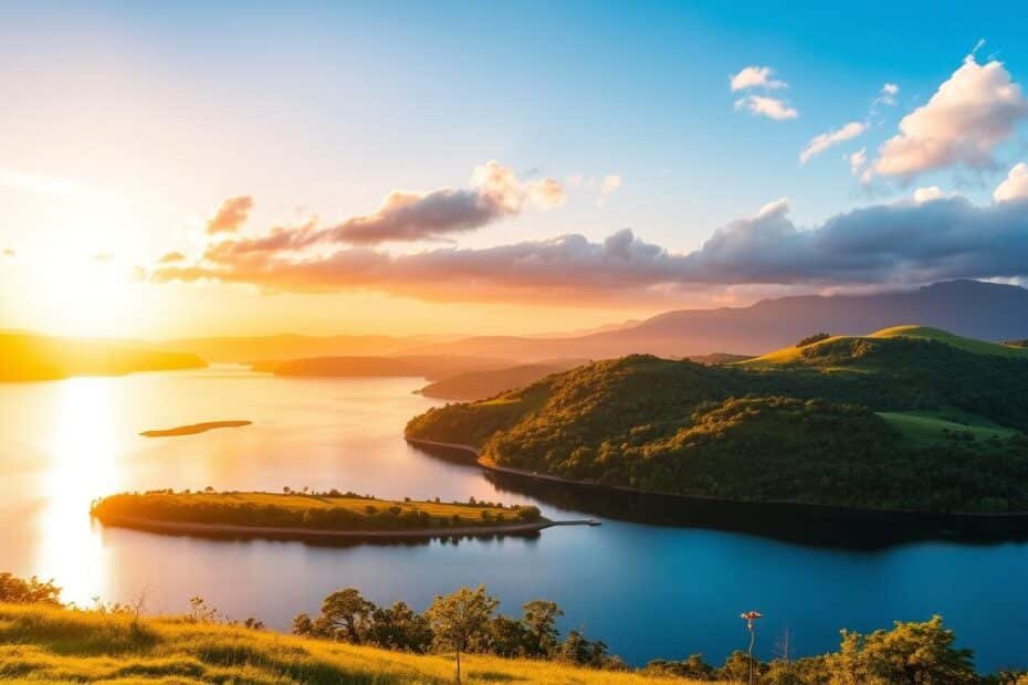 Tranquil sunset over a serene lake with lush hills and vibrant colors in the sky.