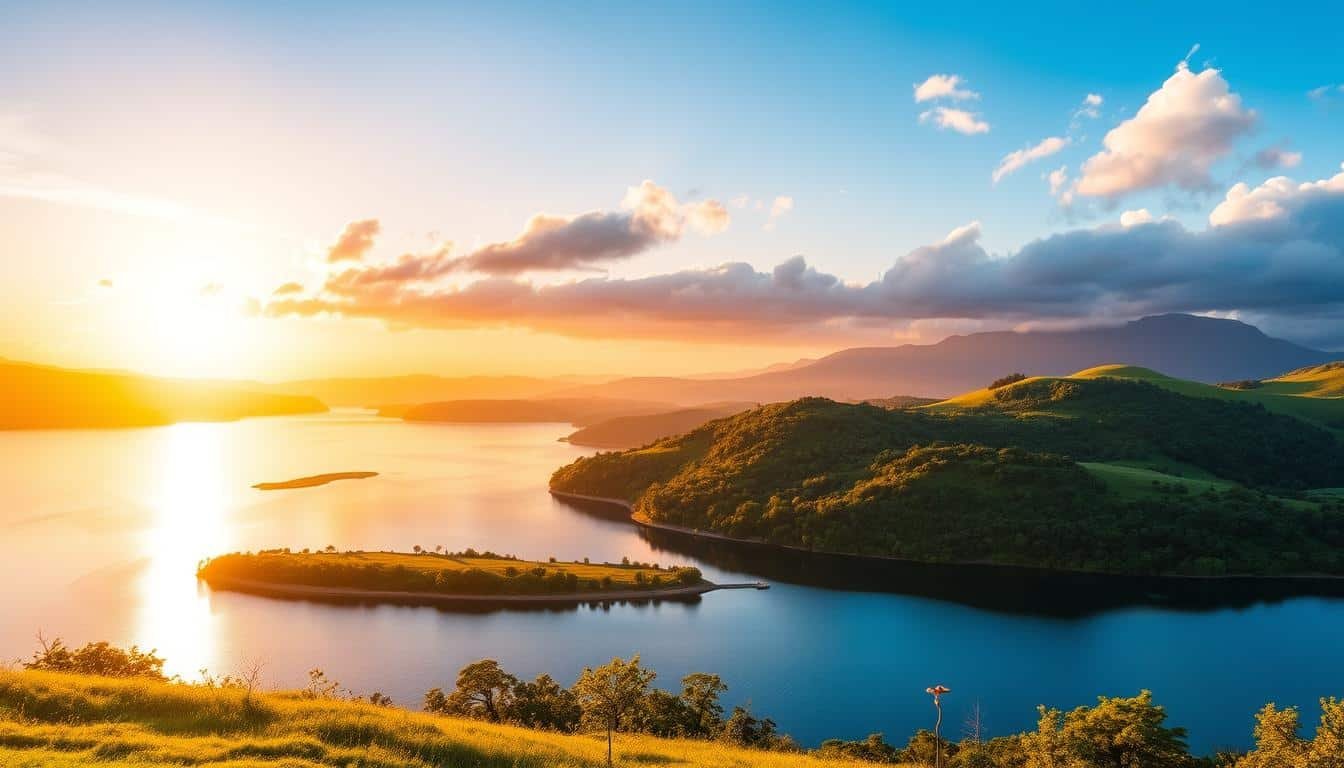 Tranquil sunset over a serene lake with lush hills and vibrant colors in the sky.