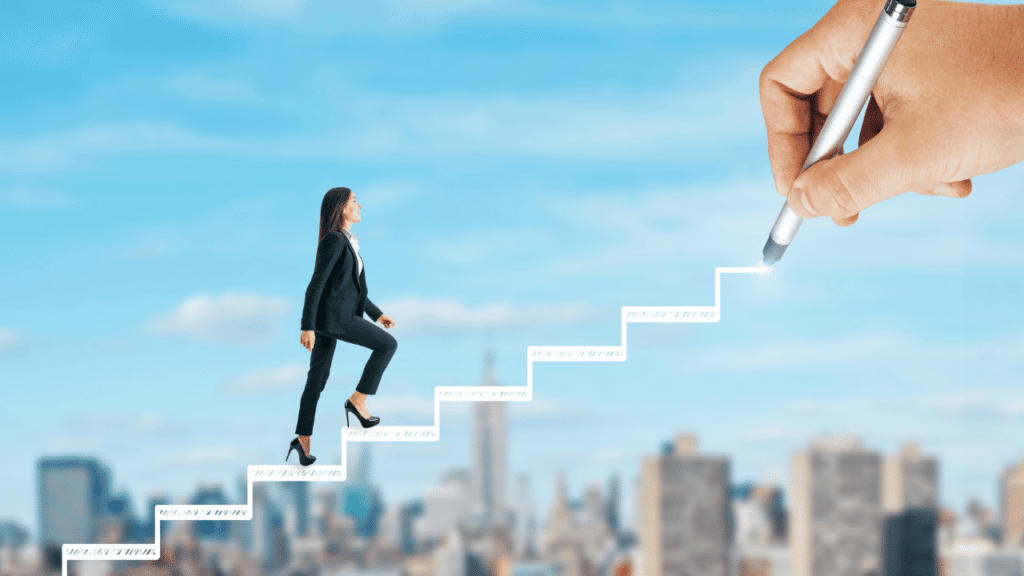 A woman walking up a staircase