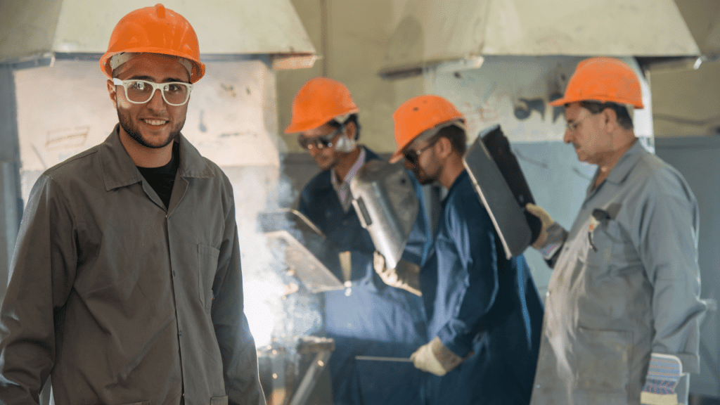 A group of men wearing hard hats and standing in a factory