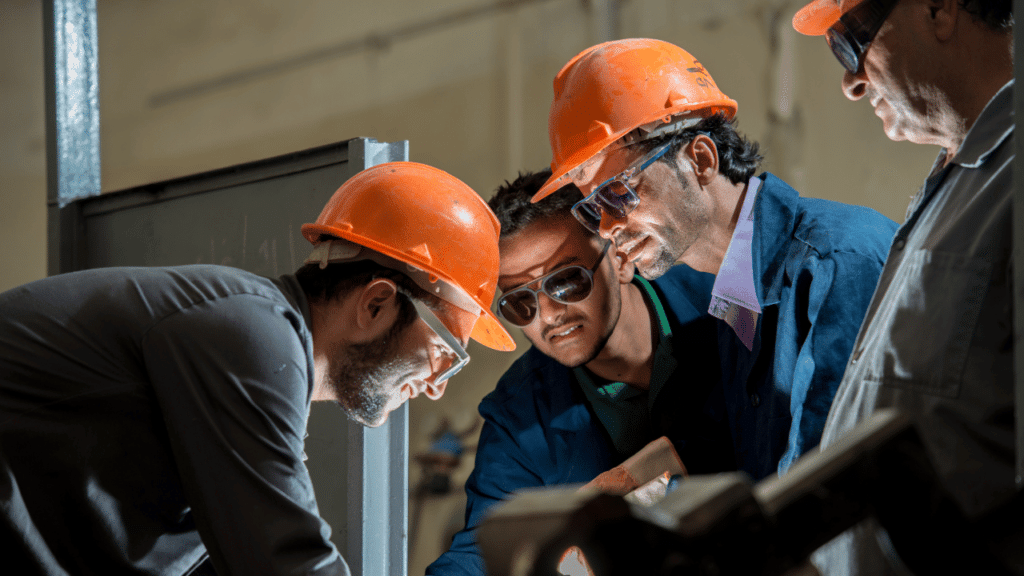 A group of men wearing hard hats and looking at something