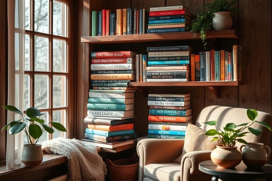 Inviting reading nook with a plush armchair, colorful bookshelf, and natural light for relaxation.