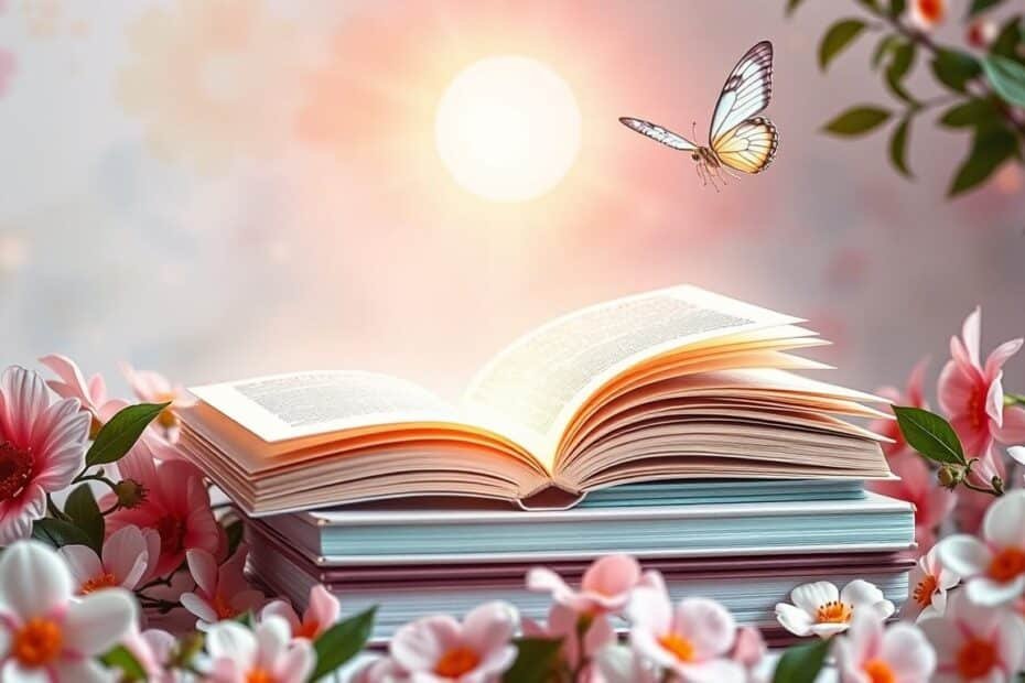 Magical reading moment with an open book, colorful flowers, and a gentle butterfly.