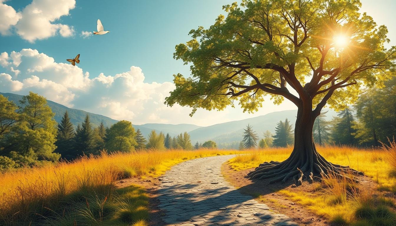 Tranquil landscape with a large tree, vibrant wildflowers, and rolling hills under bright sunlight.