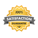 Vibrant badge promoting 100% satisfaction guarantee, featuring bold text, starburst, and excellence symbols.